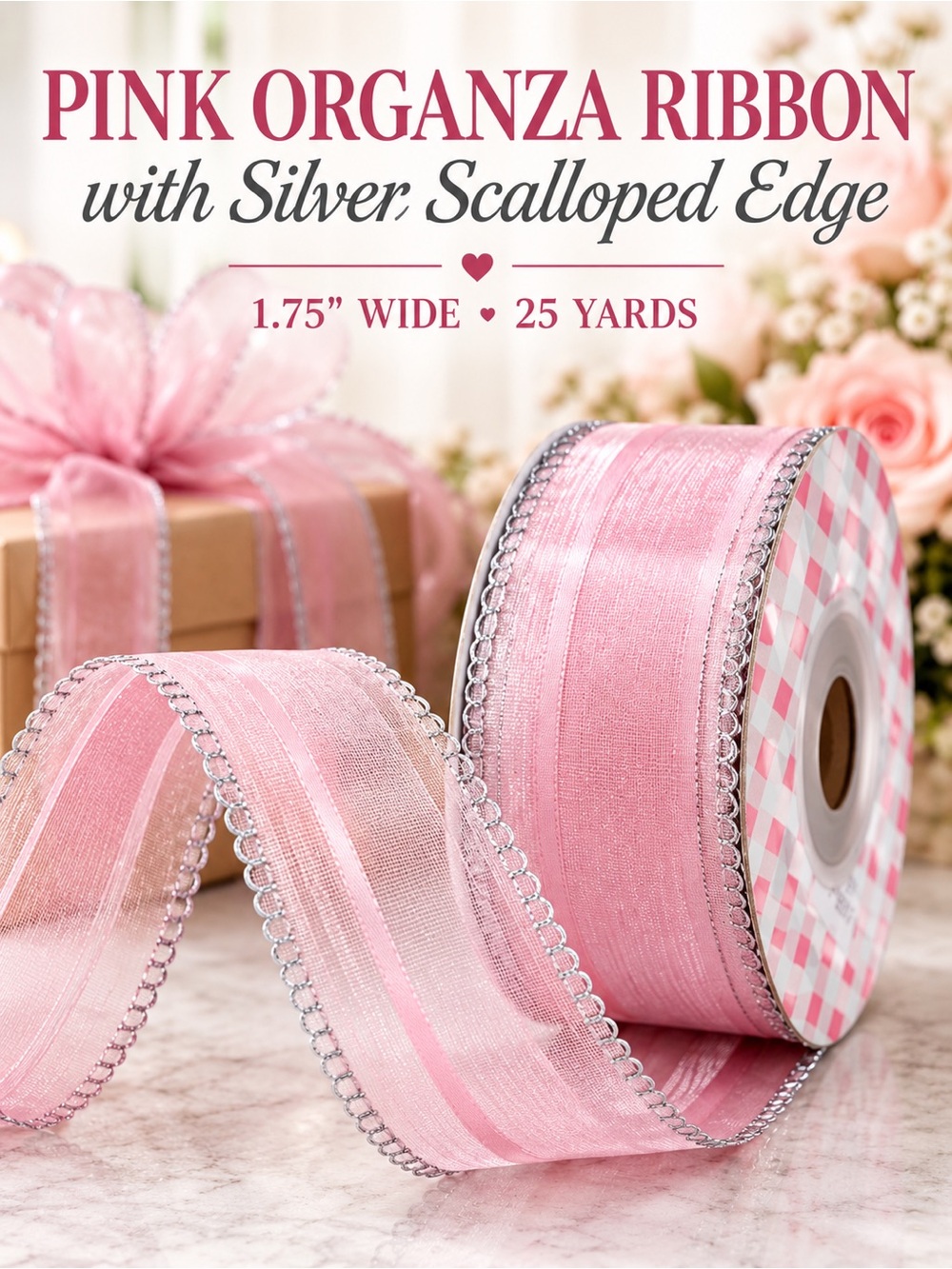 Pink Organza Ribbon Silver Scalloped Trim 1.75” 25 Yards Wedding DIY